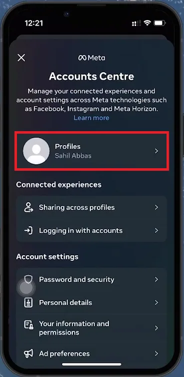accounts centre profile