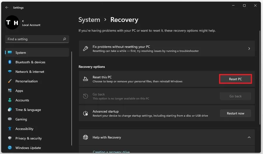 System Settings > Recovery > Reset This PC