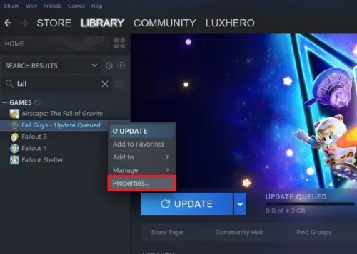 Steam Library > Fall Guys > Properties
