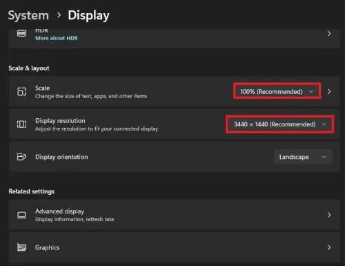 Recommended display scale and resolution