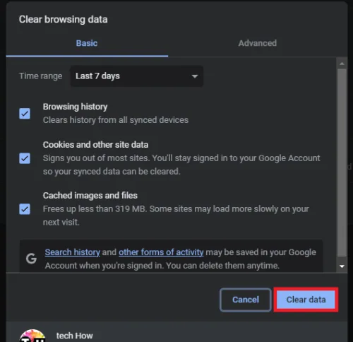 clear browser cache and data