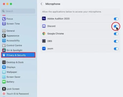System Settings > Privacy & Security > Microphone