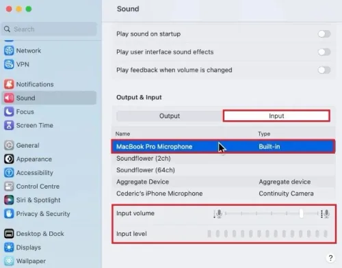 System Settings > Sound > Output & Input