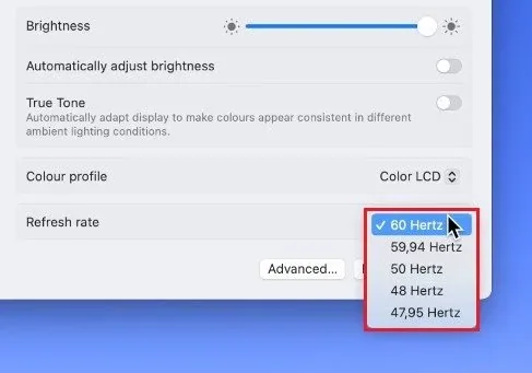 System Settings > Display > Refresh rate