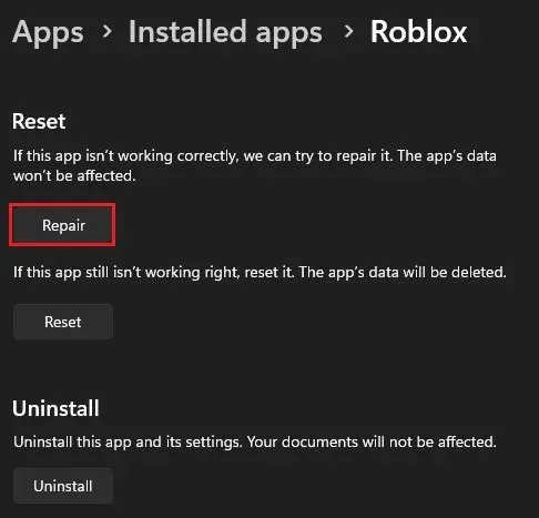 Windows Settings > Apps > Installed apps > Roblox