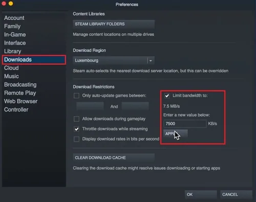 Steam > Settings > Downloads