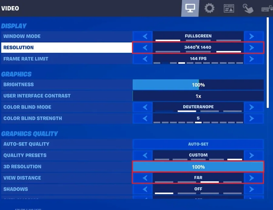 Fortnite Settings > Video > Resolution & 3D Resolution