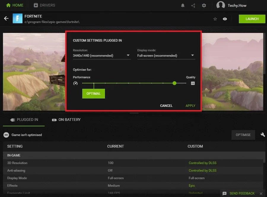 GeForce Experience > Home > Fortnite > Optimise