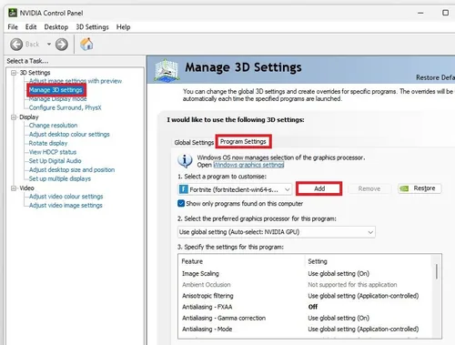 NVIDIA Control Panel > Manage 3D Settings > Program Settings