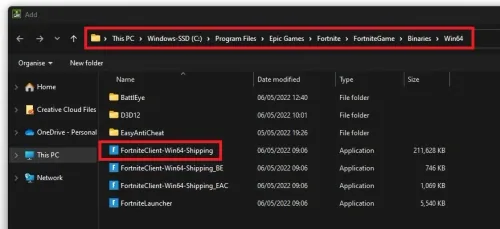 Program Files > Epic Games > Fortnite > FortniteGame > Binaries > Win64