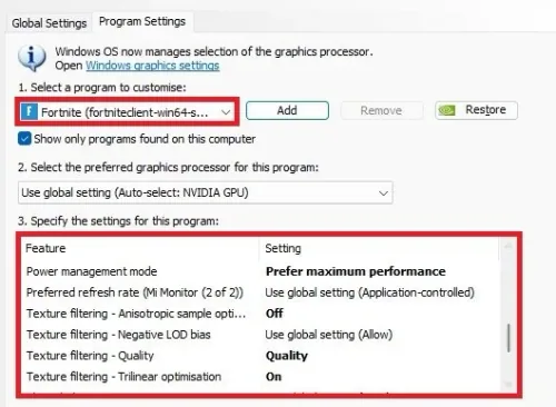Fortnite Program Settings for best visual experience