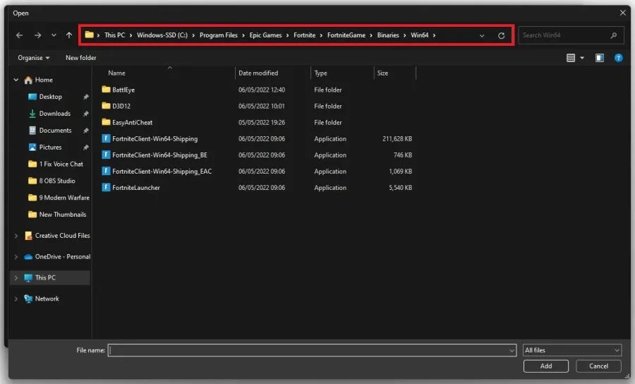 Program Files > Epic Games > Fortnite > FortniteGame > Binaries > Win64
