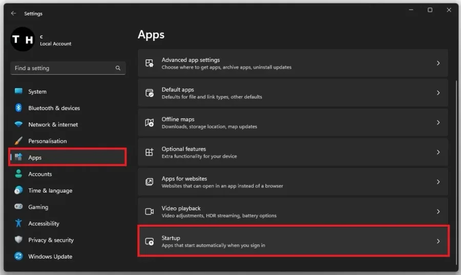 Apps Settings > Startup