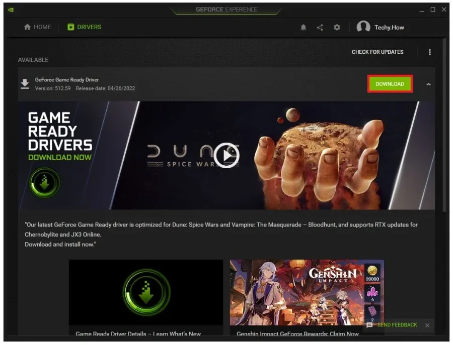 GeForce Experience > Drivers > Download