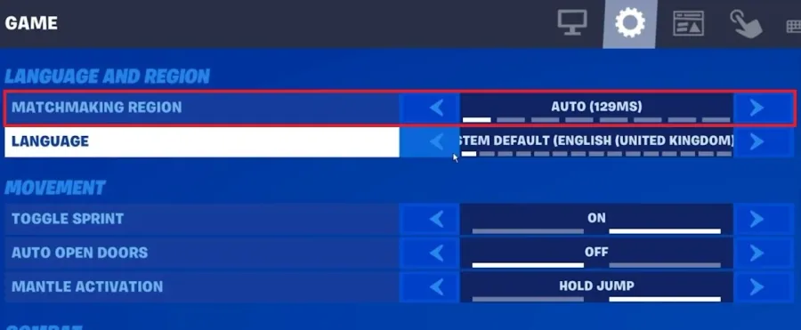 Fortnite Game Settings > Matchmaking Region