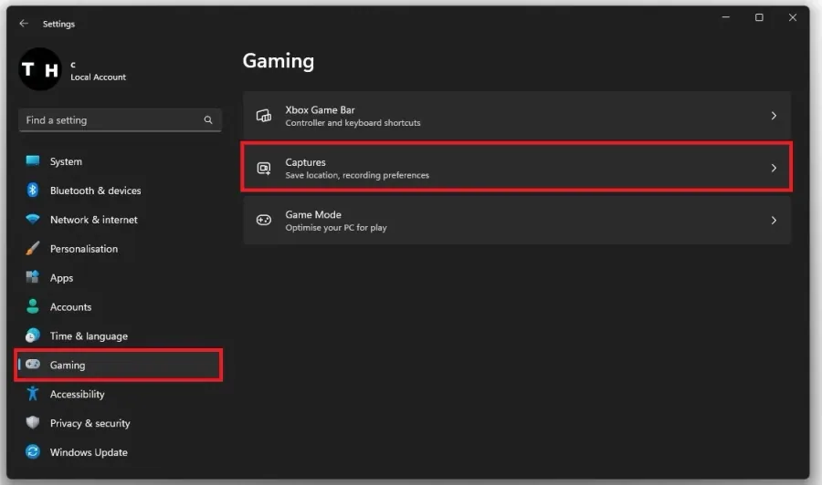 Windows Settings > Gaming > Captures