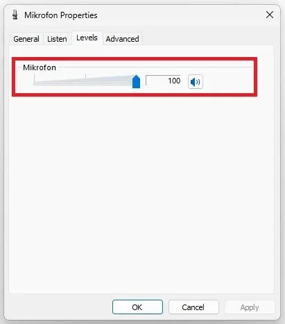 Unmute the mic in the levels tab