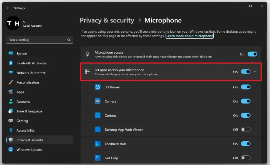 Microphone Settings > Let apps access your microphone
