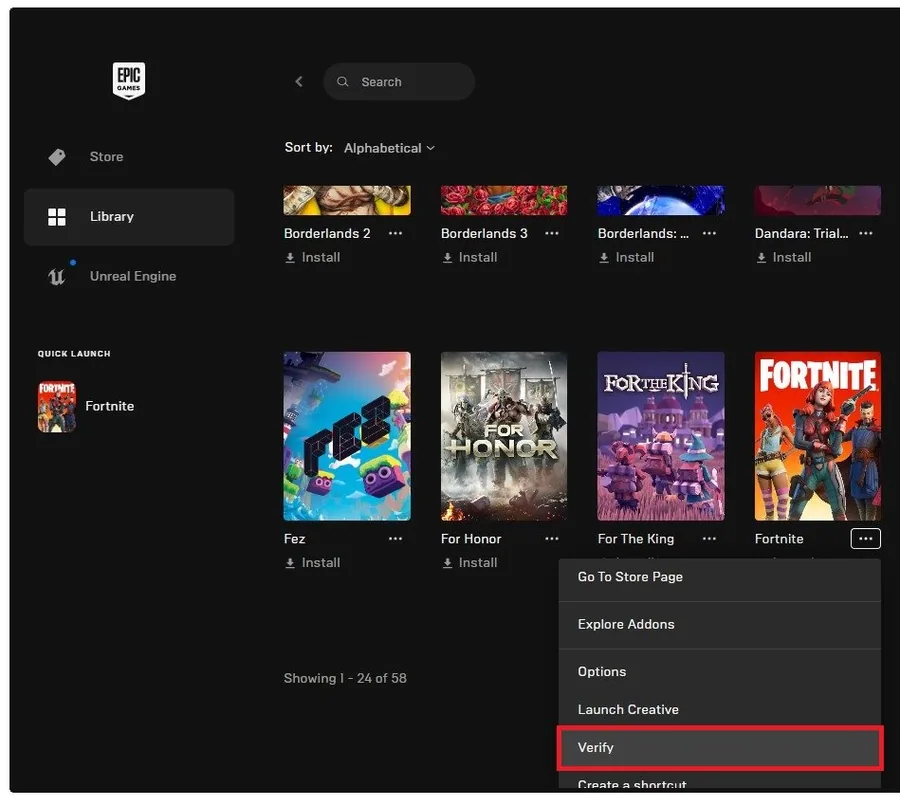 Epic Games launcher > Fortnite > Verify