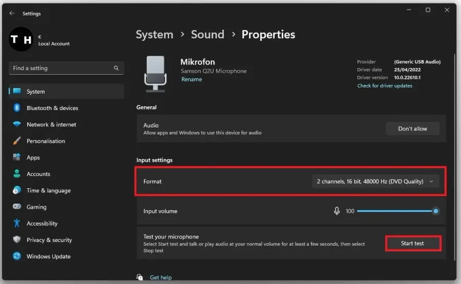 Change the sound input device format