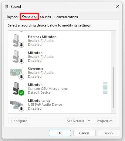 Sound Control Panel > Recording