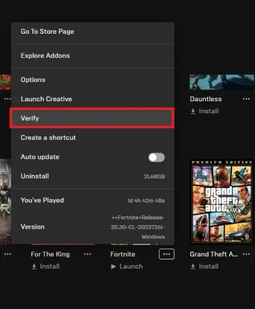 Epic Games > Fortnite Settings > Verify