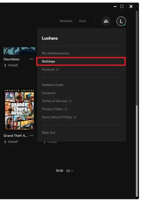 Epic Games > Settings