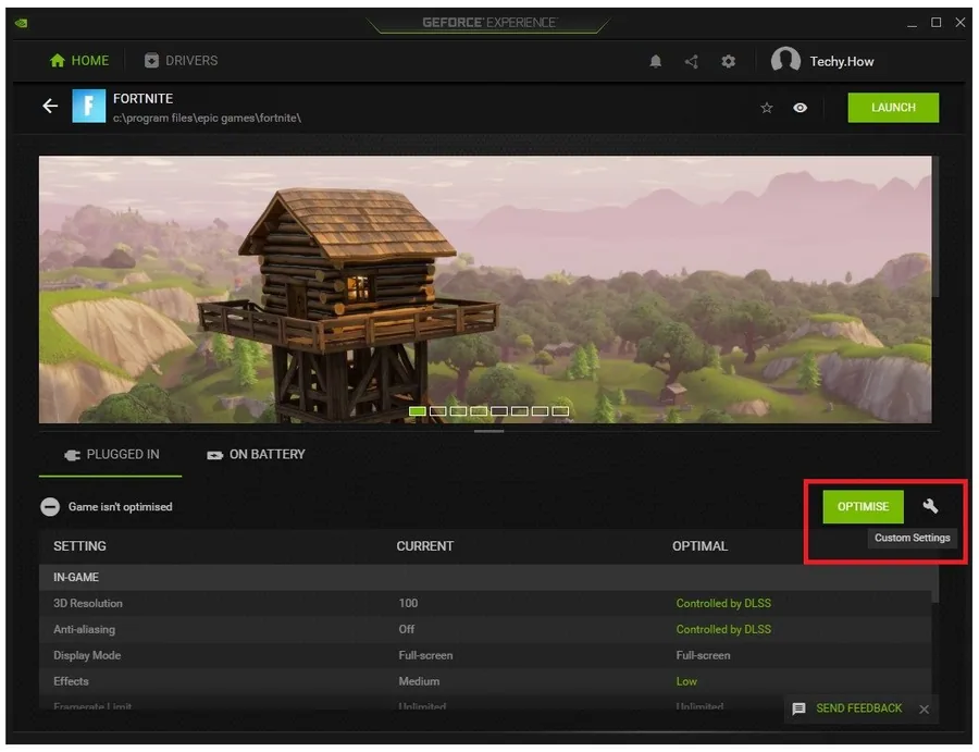 GeForce Experience > Home > Fortnite > Optimise