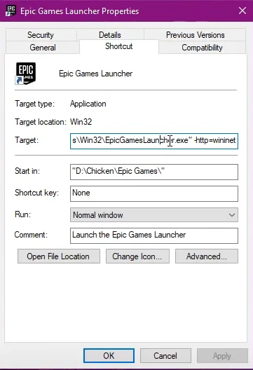 Add: “ -http=wininet” after the quotation marks in the Target dialogue box.