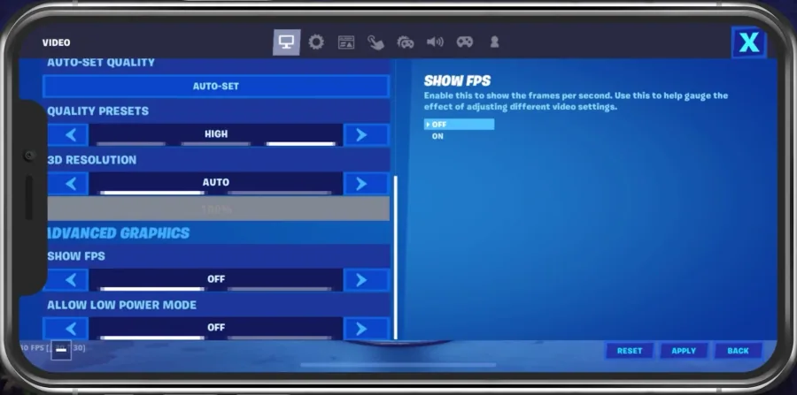 Fortnite Settings > Video > Show FPS