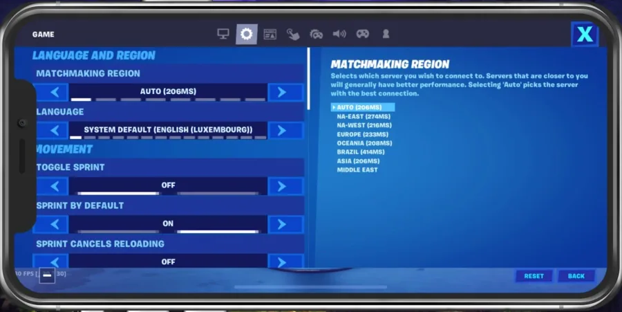 Fortnite Settings > Game