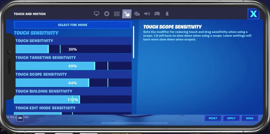 Fortnite Mobile Settings > Touch and Motion