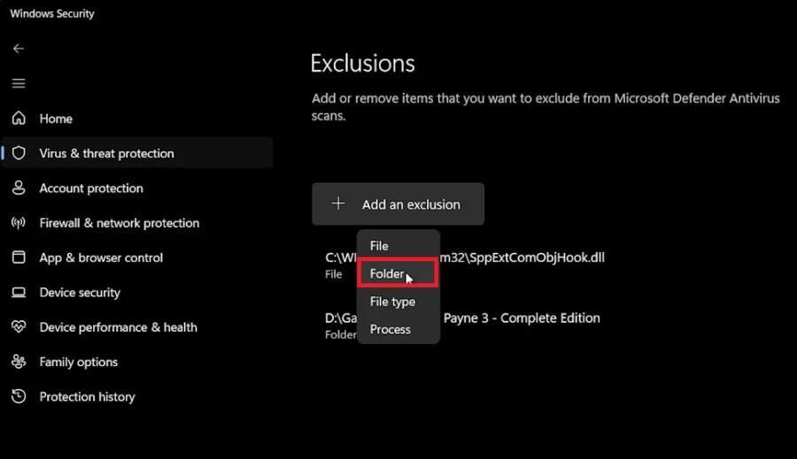 windows security add exclusion