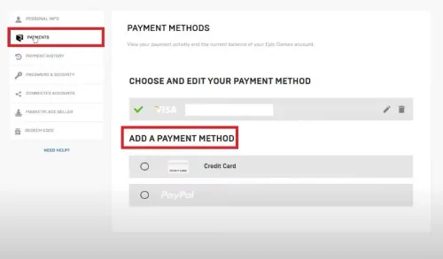 Epic Games account settings > Payments > Add a Payment Method