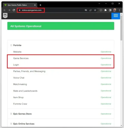 Epic Games server status for Game Services