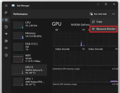 Task Manager > Performance < Resource Monitor