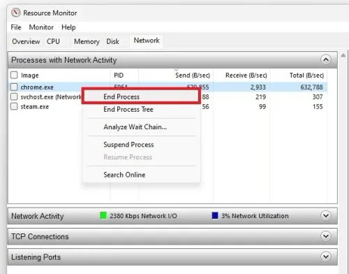 Resource Monitor > Network > Processes with Network Activity
