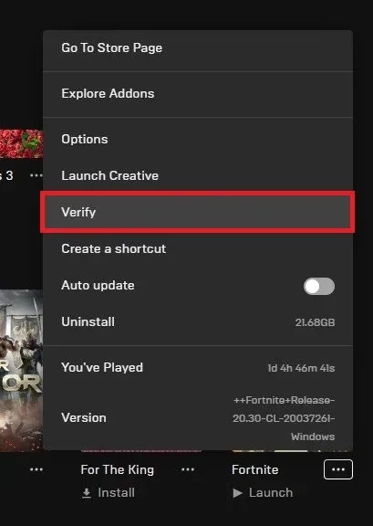 Epic Games > Fortnite Settings > Verify
