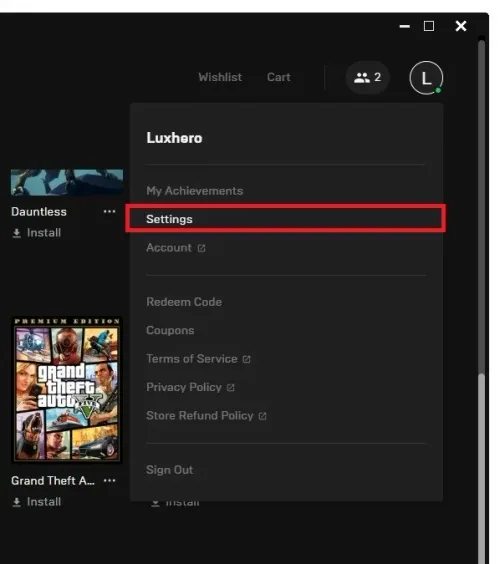 Epic Games Launcher > Settings