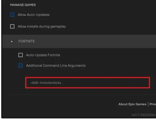 Use the additional command line arguments in the Epic Games launcher