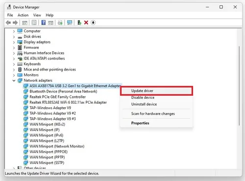 Device Manager > Network adapters > Update Driver