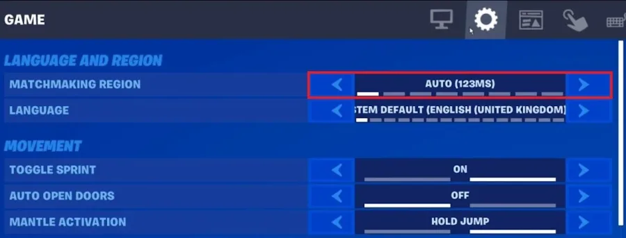 Fortnite Settings > Game > Matchmaking Region