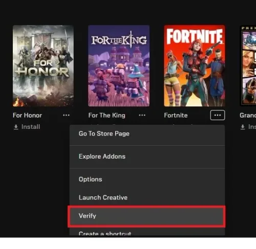 Epic Games Library > Fortnite Settings > Verify