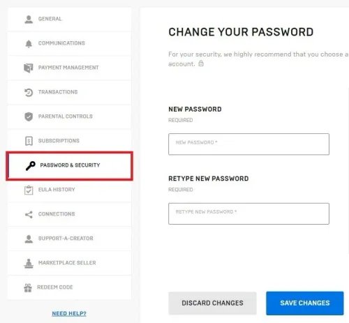Epic Games account settings > Password & Security