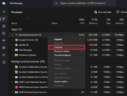 end fortnite and epic games tasks in task manager