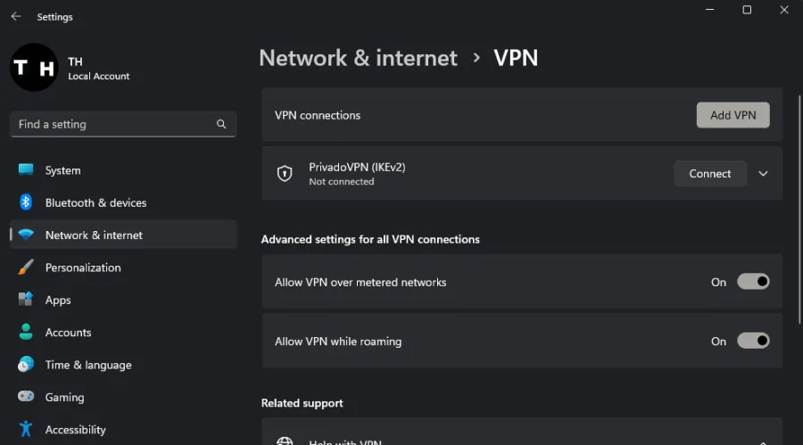 disable your VPN in Windows settings