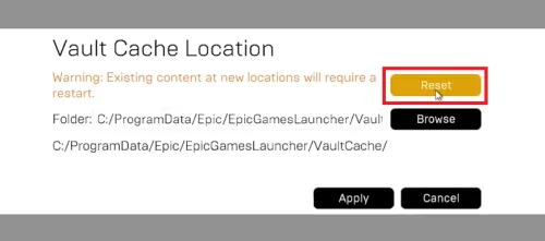reset vault cache location