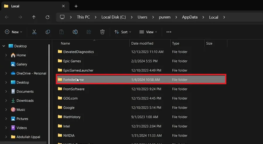 delete fortnite folder