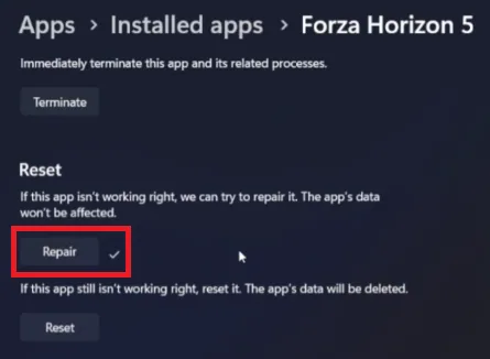 repair forza files windows settings