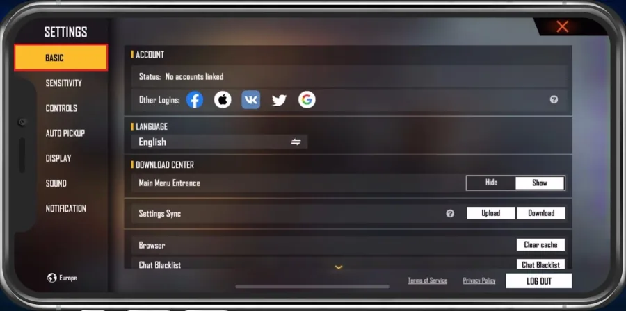 Free Fire Settings > Basic